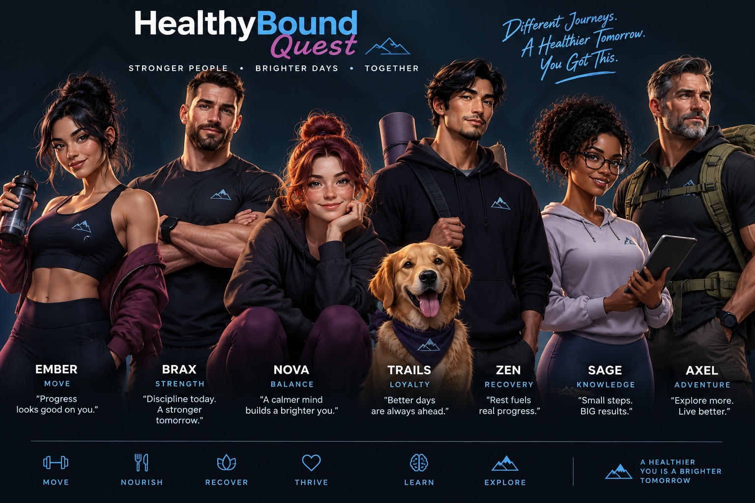 HealthyBound Quest companion lineup: Ember, Brax, Nova, Trails, Zen, Sage, and Axel